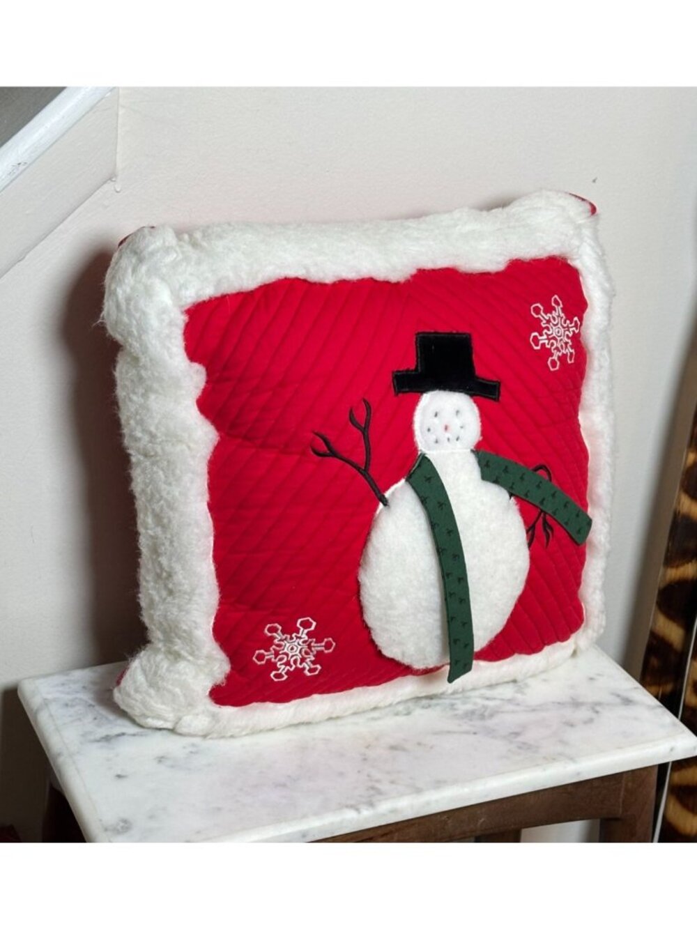 Vintage Christmas Snowman Pillow, Red Quilted Holiday Throw Pillow, White Plush